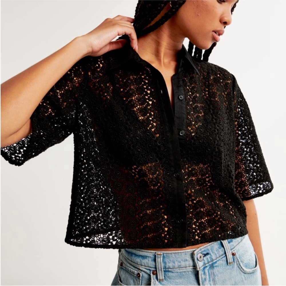 Abercrombie short sleeve button up lace shirt
